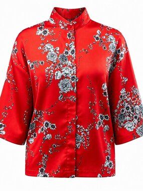 Brynn Walker Red Floral 2pc Set Medium Japanese Inspired Mandarin Collar Artsy